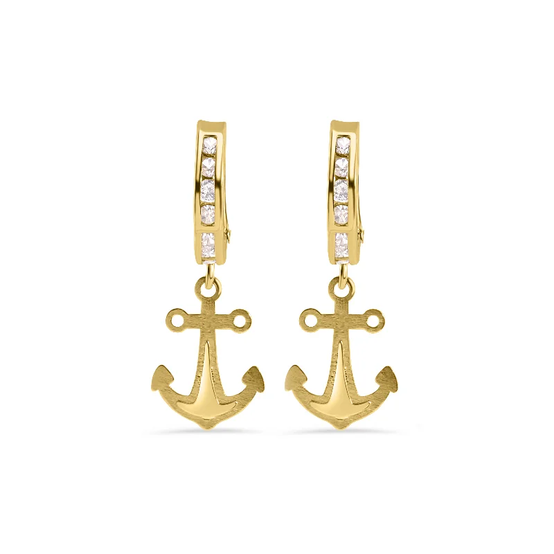 Unique Gold Earrings-14E00451. - 14 Karat Yellow Gold 12.2mm Hoop Half Studded Clear CZ Anchor Latch Box Earrings