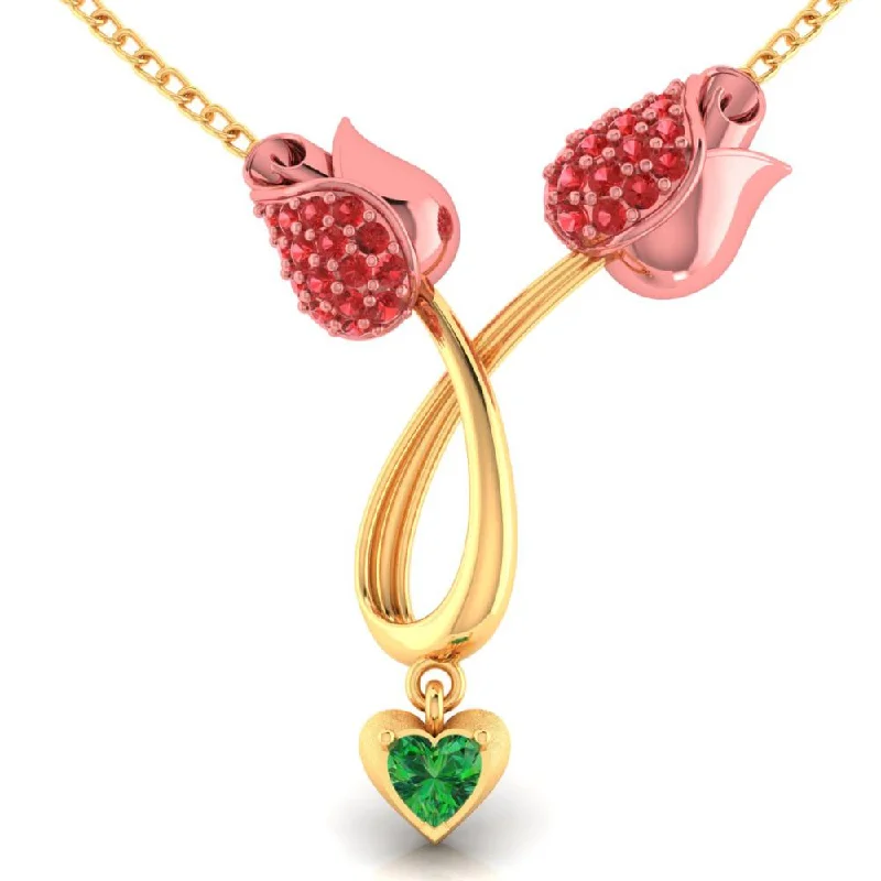 Simple Silver Necklaces-18k Gold Necklace With Stone-studded Double Tulips And A Heart Drop