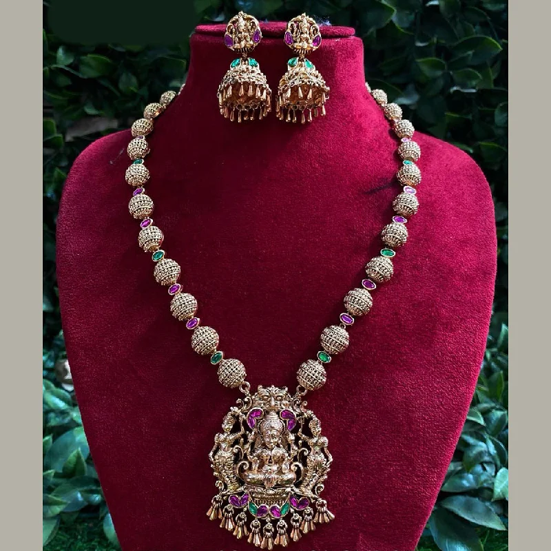 Designer Silver Pendant Necklaces-Royal Kundan Jewellery Gold Plated Pota Stone Temple Necklace Set