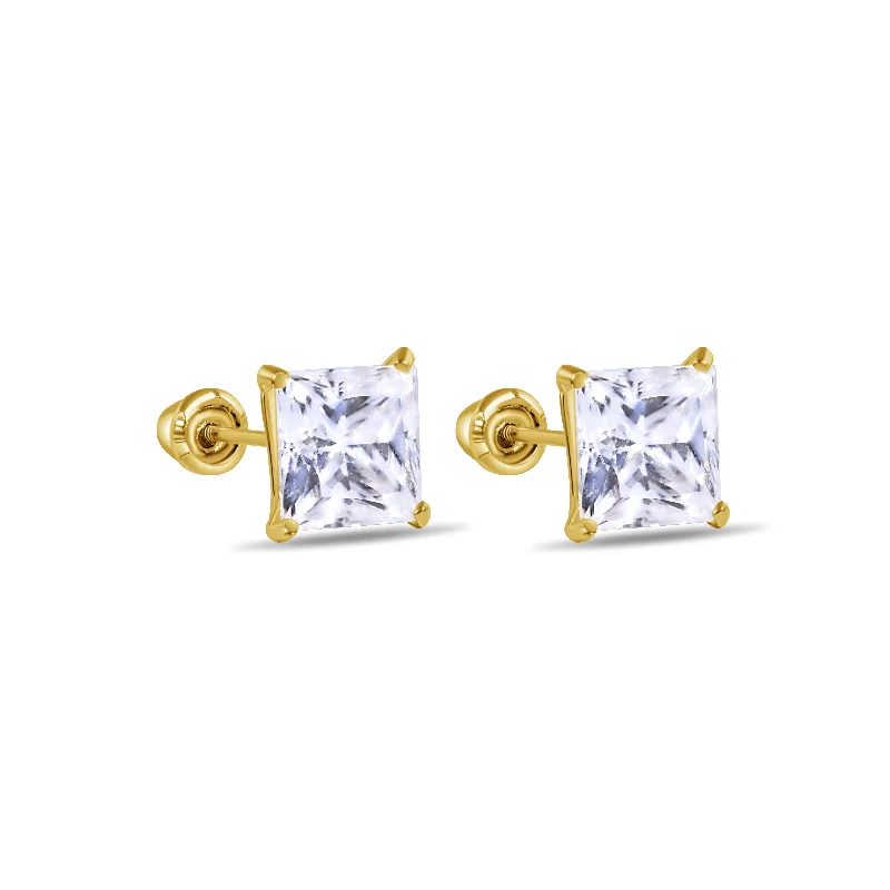 Contemporary Earrings-14MGME00039 - 14 Karat Yellow Gold Square Moissanite Stud Screw Back Earring