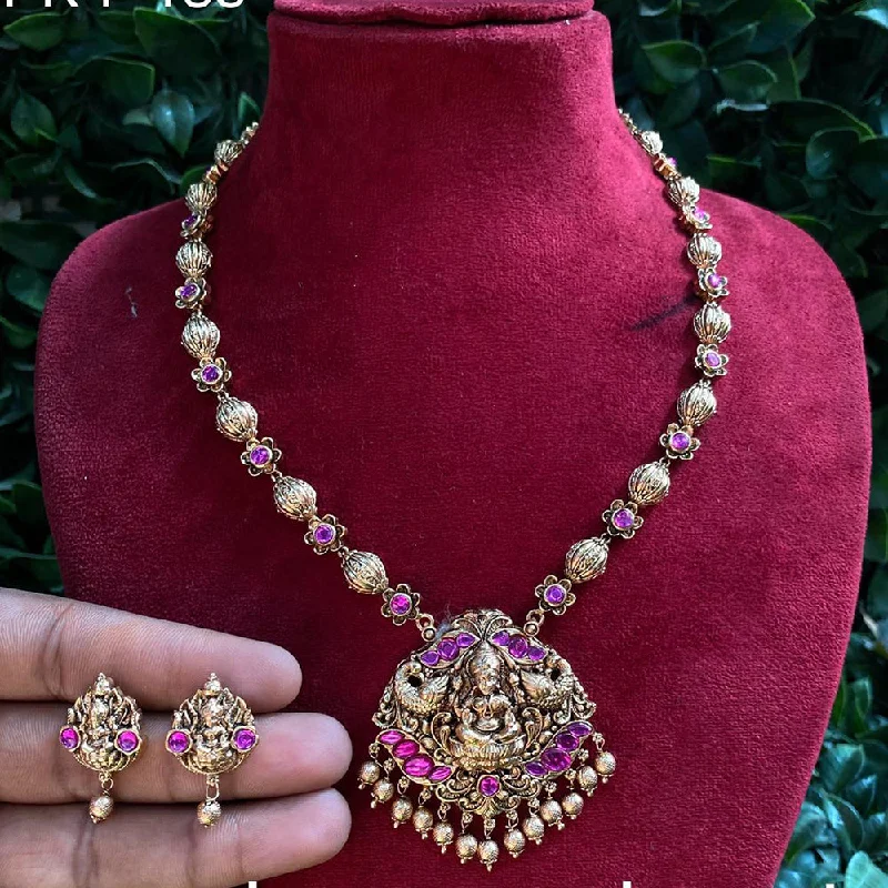 Handmade Gold Necklaces-Royal Kundan Jewellery Gold Plated Pota Stone Temple Necklace Set