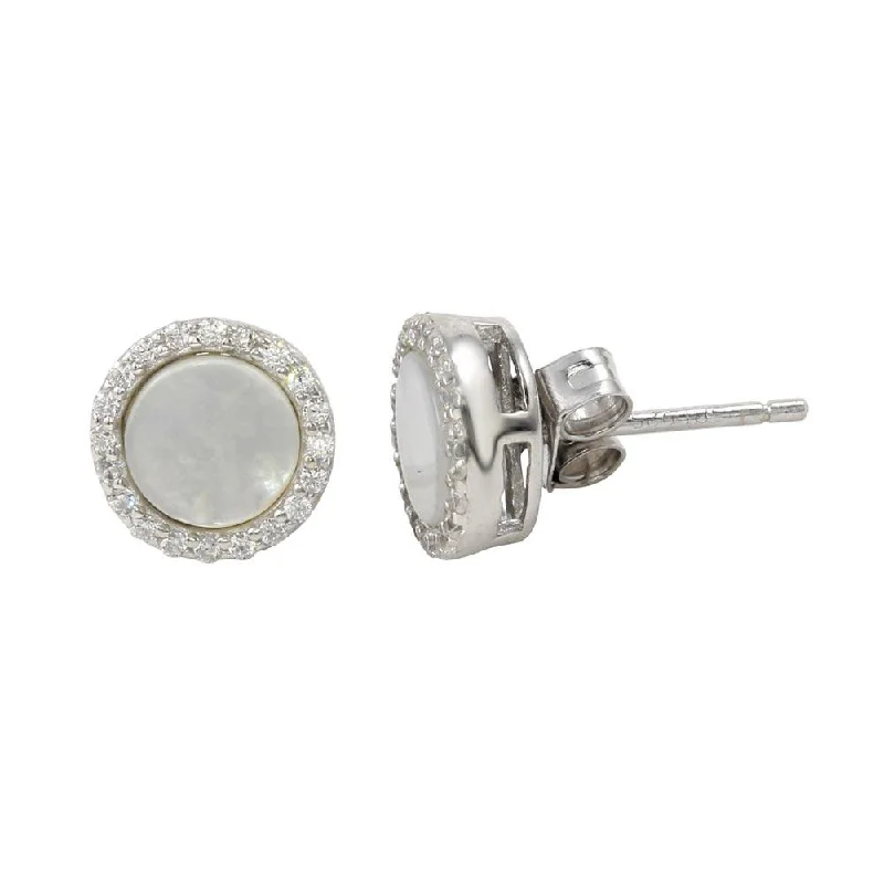 Elegant Gemstone Earrings-Rhodium Plated 925 Sterling Silver Round Opal Stud Earrings with Clear CZ Stones - STE01125CLR