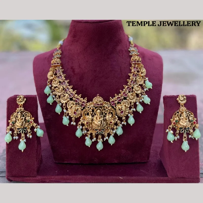 Delicate Silver Necklaces-FS Collection Gold Plated Meenakari Temple Necklace Set