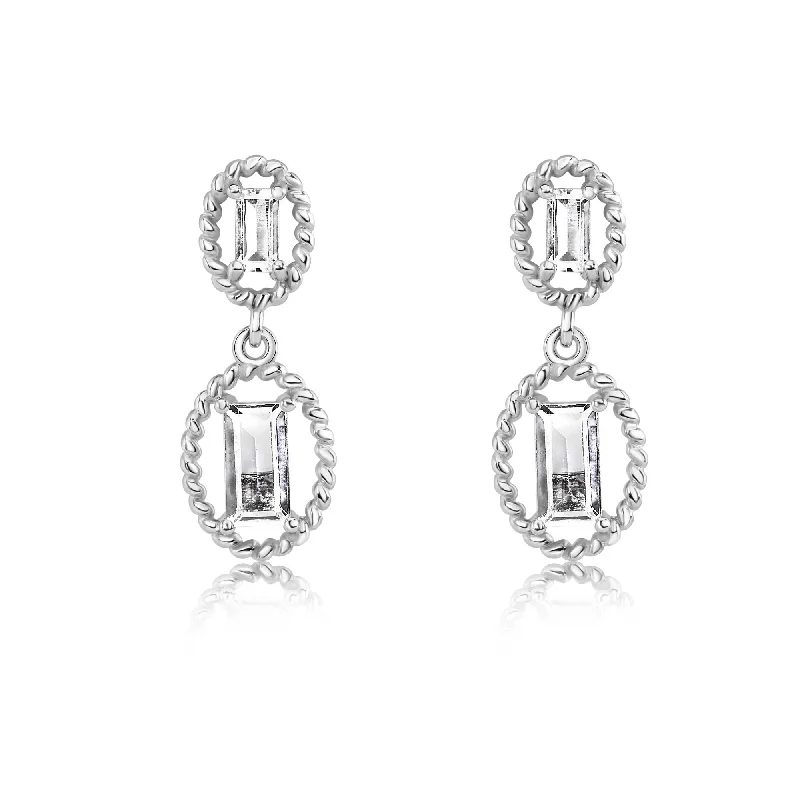 Vibrant Colorful Earrings-Rhodium Plated 925 Sterling Silver Dangling Baguette CZ Stud Earrings - BGE00748