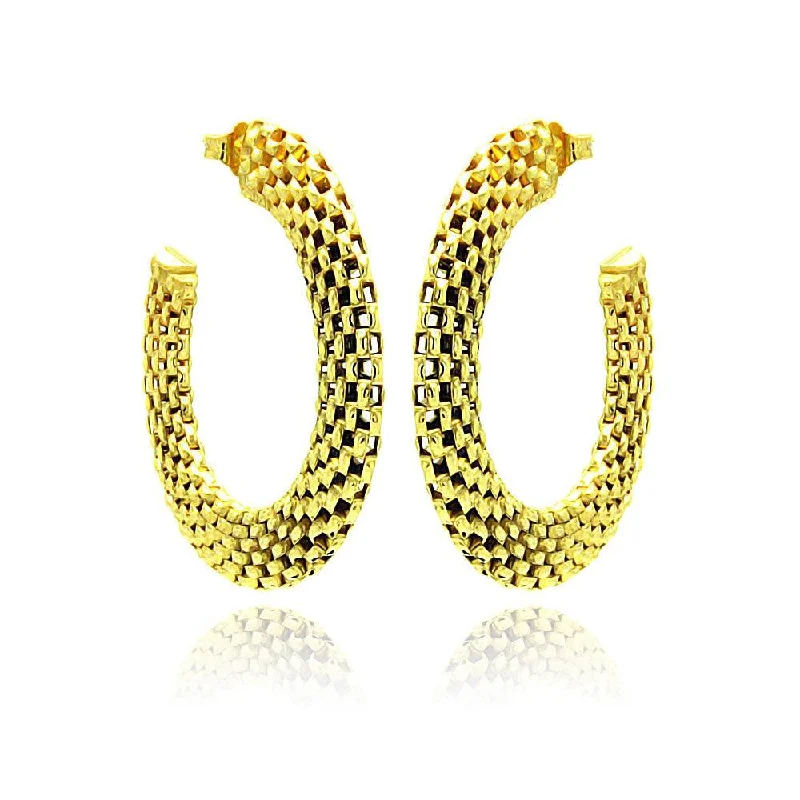 Retro Hoop Earrings-Silver 925 Two Toned Gold and Black Rhodium Plated Crescent Box Link Italian Stud Earrings - ITE00019GP