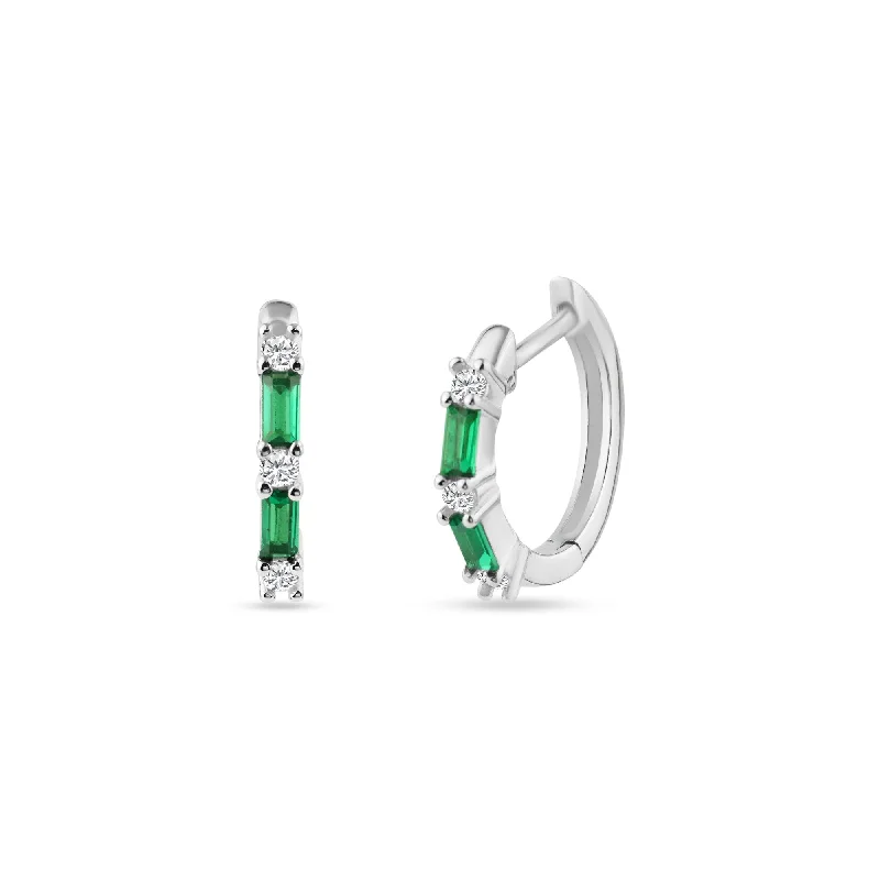 Antique Gold Earrings-Sterling Silver Rhodium Plated Green CZ Huggie Hoop Earring 13.2mm - STE01331-GREEN