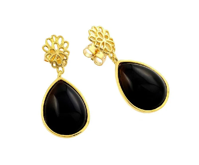 Long Drop Earrings-Silver 925 Gold Plated Open Flower Teardrop Onyx Dangling Stud Earrings - BGE00365