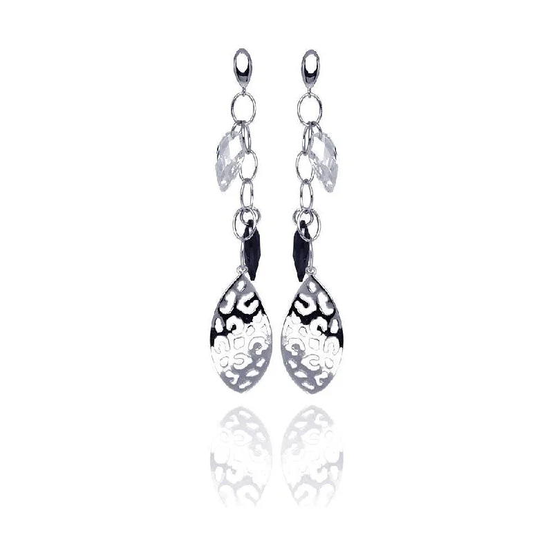 Personalized Drop Earrings-Clearance-Silver 925 Rhodium Plated Black and Clear Marquise CZ Flat Filigree Wire Dangling Stud Earrings - STE00290BLK