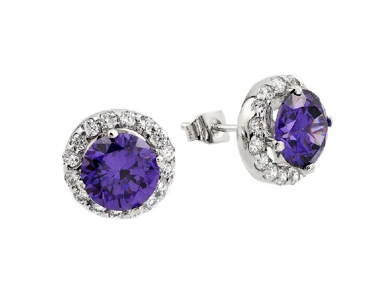 Trendy Ear Cuffs-Silver 925 Rhodium Plated Round Purple CZ Stud Earrings - BGE00368P