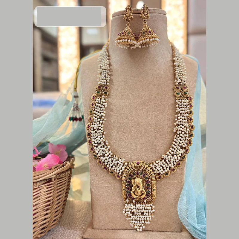 Elegant Pendant Necklaces for Women-Jewel Addiction Gold Plated Pota Stone And Pearls Temple Long Necklace Set