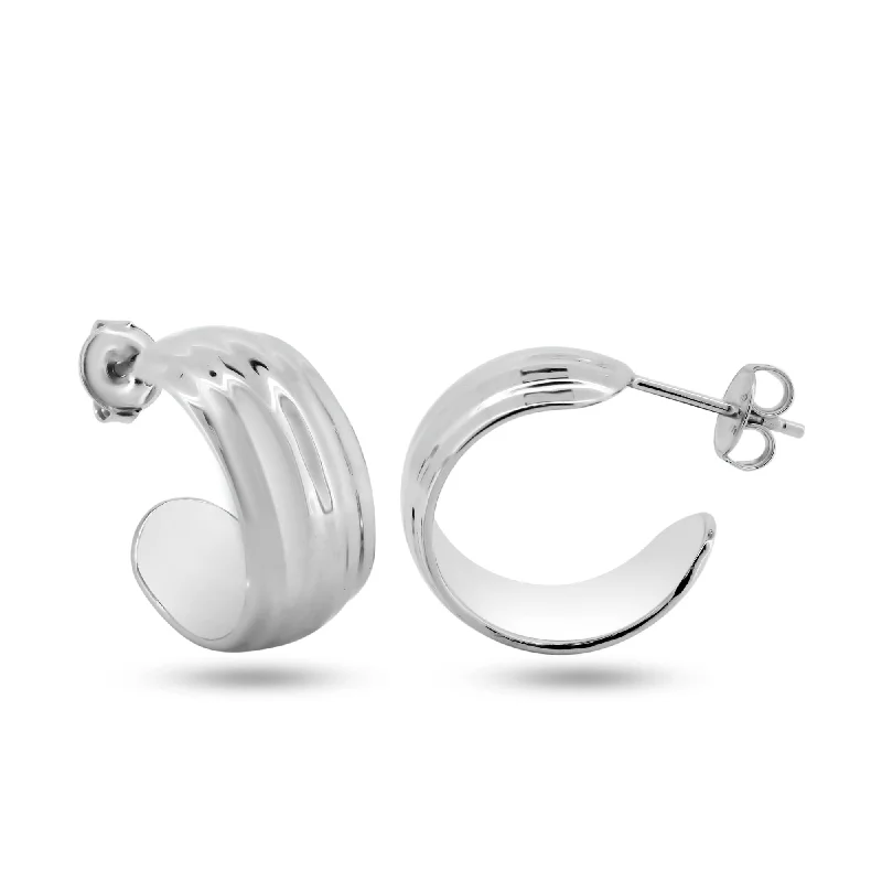 High-End Gold Earrings-Rhodium Plated 925 Sterling Silver Dome Semi Hoop Earrings - GME00142