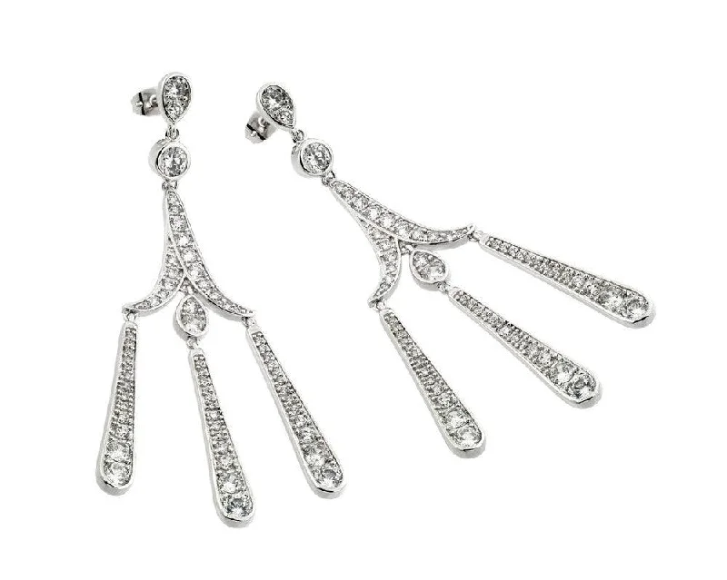 Unique Silver Earrings-Silver 925 Rhodium Plated Three Strand Chandelier CZ Dangling Stud Earrings - BGE00259