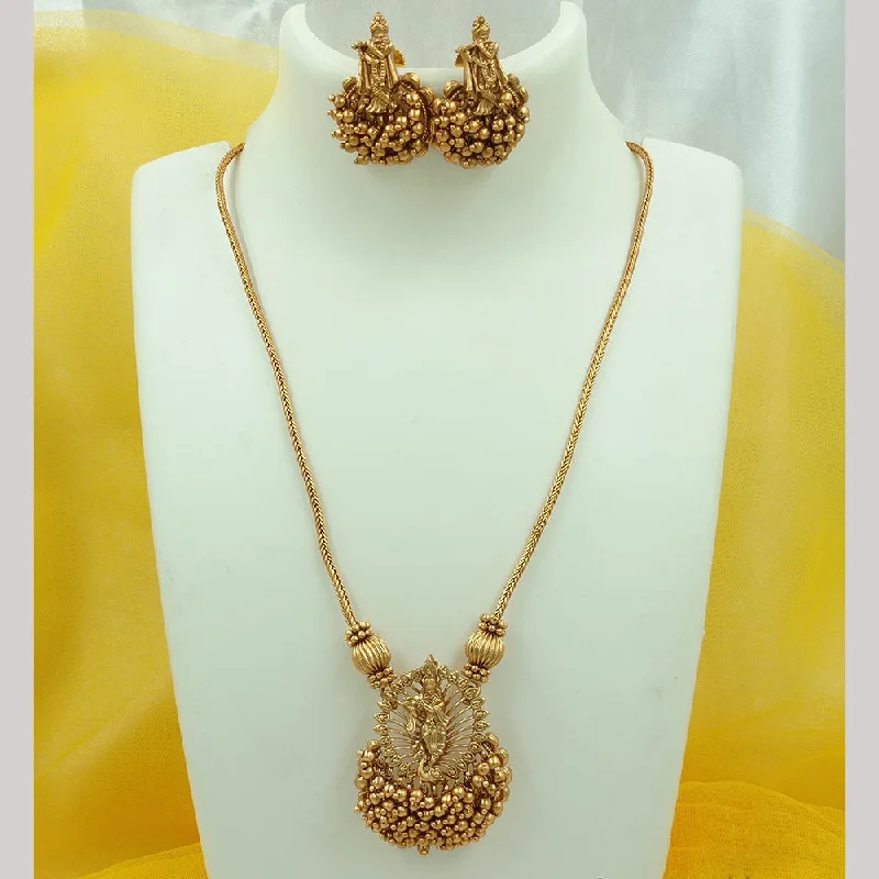 Elegant Pendant Necklaces for Women-FS Collection Gold Plated Pearls Temple Long Necklace Set