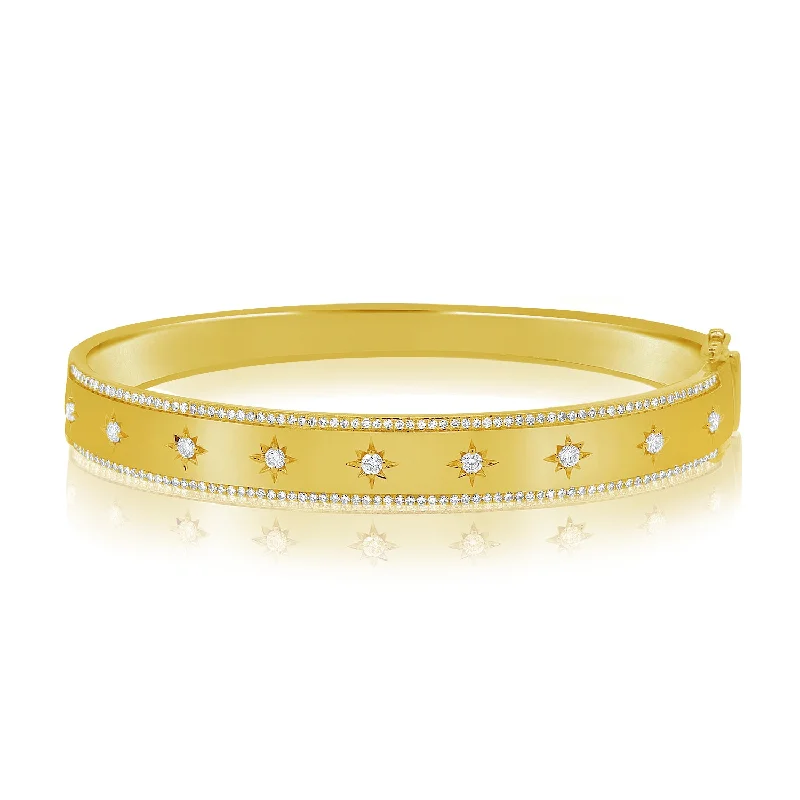 Designer Leather Bracelets-Diamond Celestial Design Zodiac Bangle Bracelet in 14kt Gold with 0.76 TW