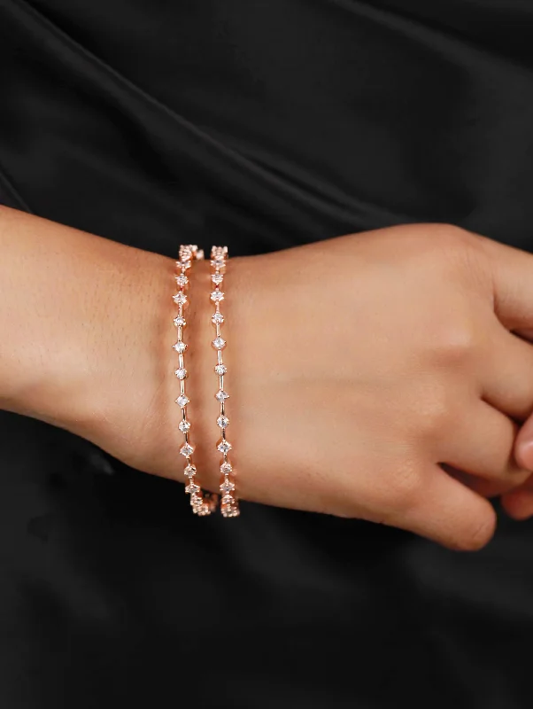 Stylish Bangles for Bridesmaids-Set Of 2 Rose Gold-Plated & White Round American Diamond Studded Classy Bangles