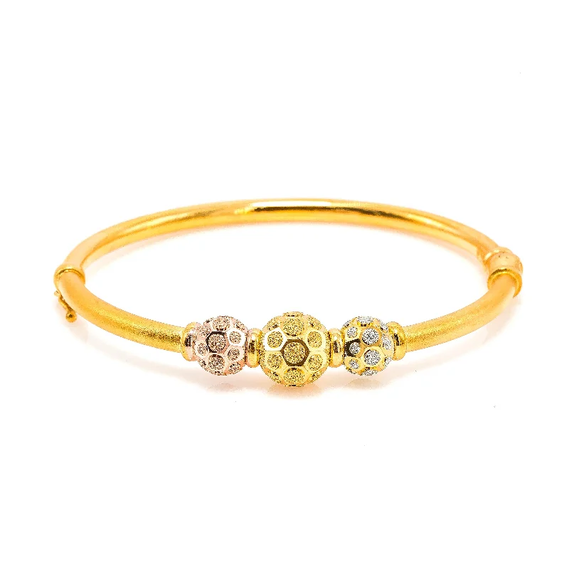 Luxury Gold Bangles-22K Multi Tone Gold Bangle W/ Rose, Yellow & White Gold Circular Glass Blast Details on 3 Accent Balls, 16.5 grams