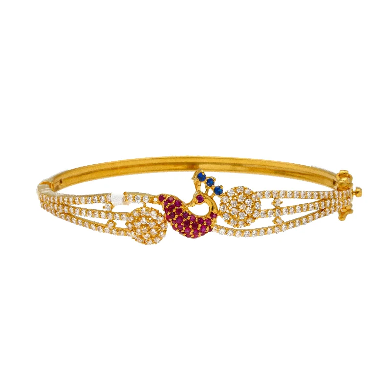 Handmade Gold Bangles-22K Yellow Gold Peacock Bangle W/ Rubies, Sapphires & CZ Gemstones