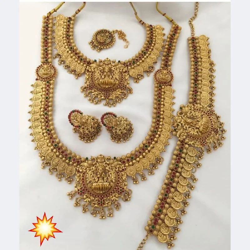 Large Gold Pendant Necklaces-Sai Fashion Gold Plated  Pota Stone Temple  Necklace Combo Set