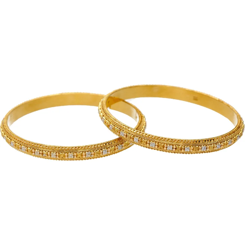 Unique Gold Bangle Bracelets-22K Multi-Tone Gold Beaded Filigree Bangle Set of 2