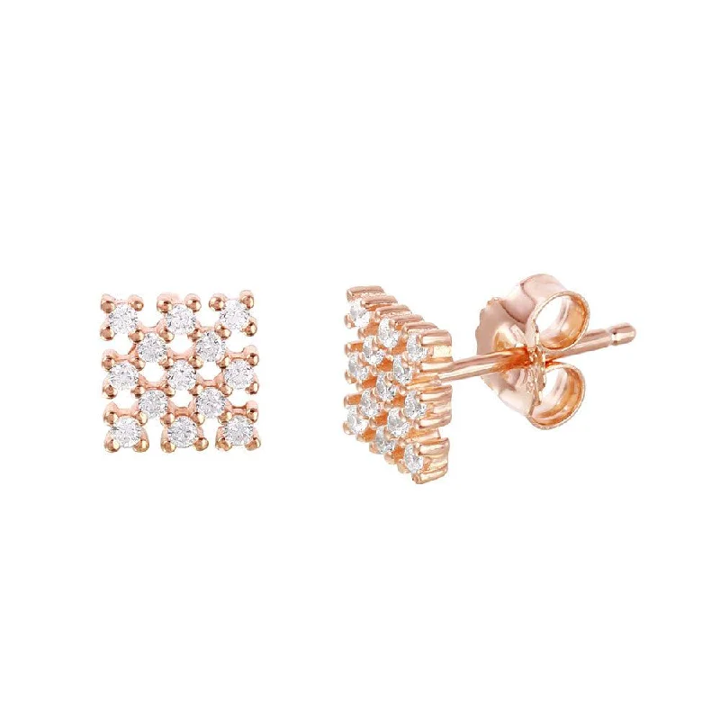 Designer Drop Earrings-Silver 925 Rose Gold Plated Small Square Checkered CZ Stud Earrings - ACE00078RGP