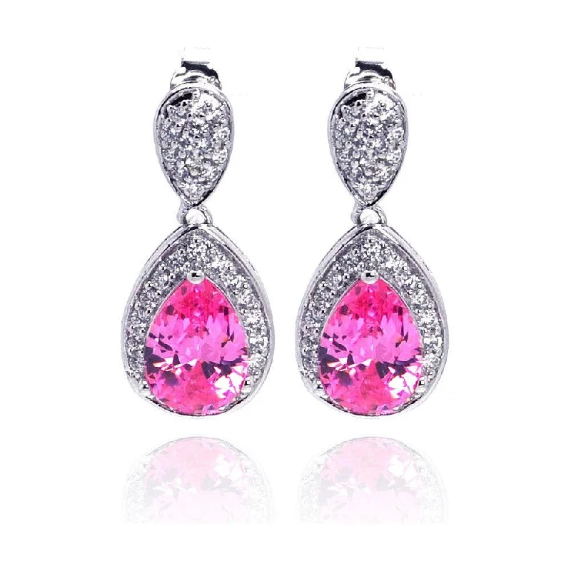 Large Statement Earrings-Silver 925 Rhodium Plated Pink Teardrop and Clear CZ Dangling Stud Earrings - STE00670PNK