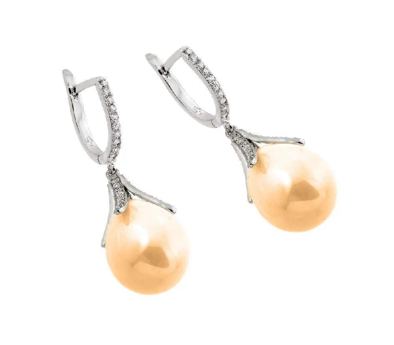 Crystal and Gemstone Earrings-Silver 925 Rhodium Plated Channel CZ Champagne Synthetic Pearl Lever Back Earrings - BGE00262