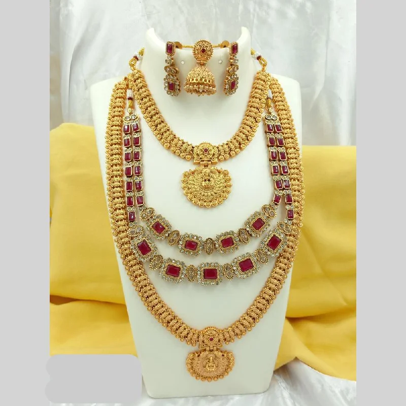 Dainty Birthstone Necklaces-Joyful Jewel Art Matte Gold Plated Pota Stone Temple Long Necklace Combo