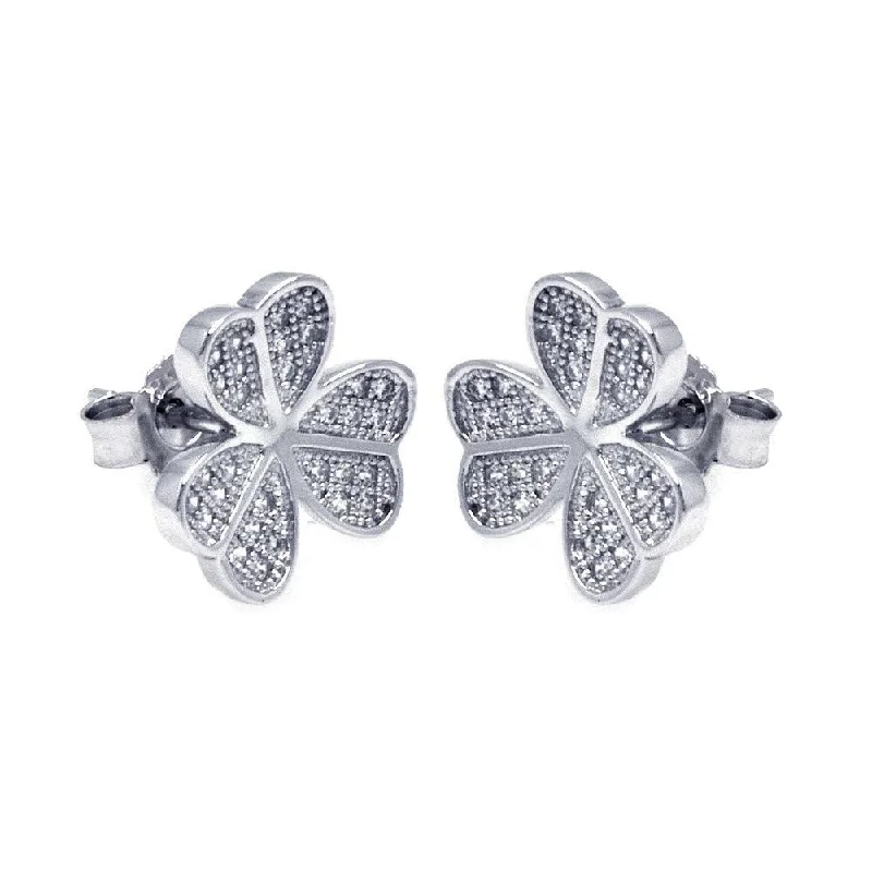 Sparkling Hoop Earrings-Silver 925 Rhodium Plated Micro Pave Clear Clover CZ Stud Earrings - ACE00050