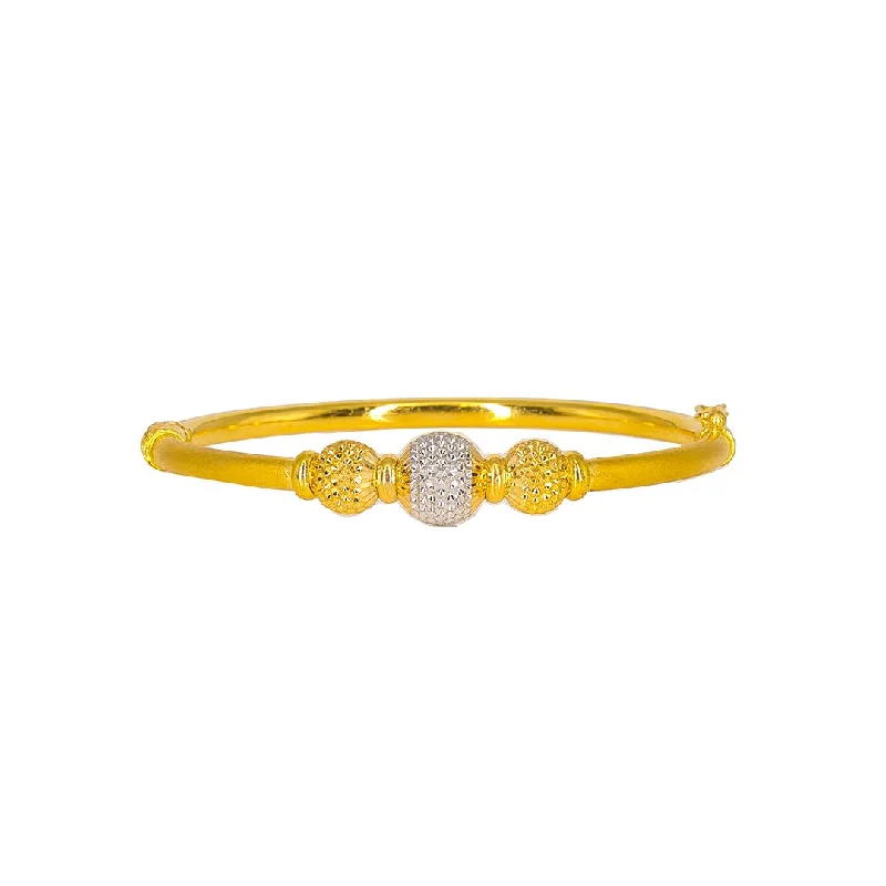 Diamond Bangles-22K Multi Tone Gold Bangle W/ Center White & Yellow Gold Laser Mark Ball, 15.6 Grams