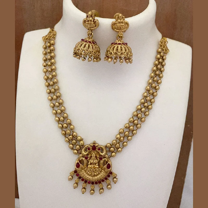 High-Quality Silver Necklaces-Joyful Jewel Art Matte Gold Plated Pota Stone Temple Necklace Set