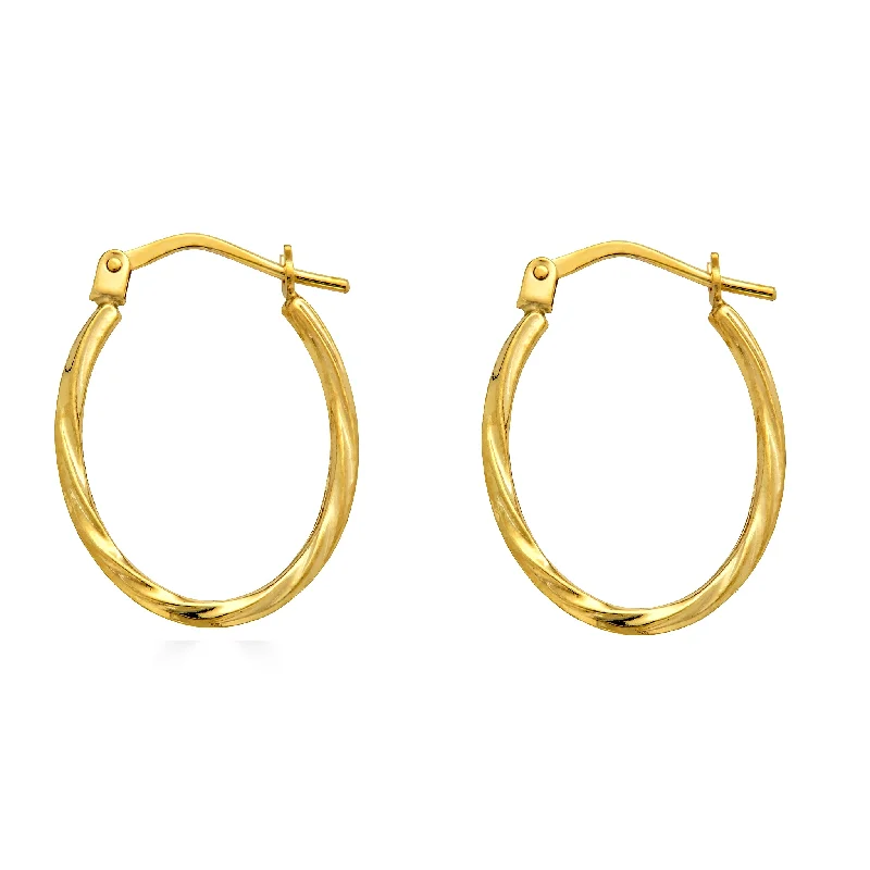 Custom Hoop Earrings-14E00383. - 14 Karat Yellow Gold Twisted Oval Hoop Latch Lock Earrings