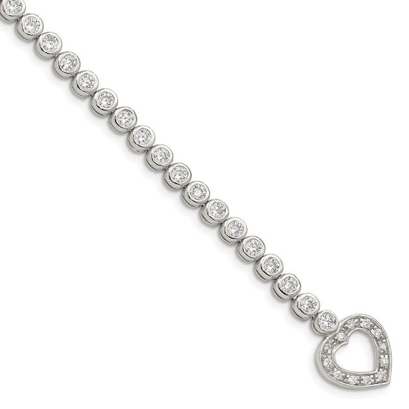 Designer Gold Bracelets-Sterling Silver Rhodium-plated 7.5 in CZ Tennis Bracelet with Heart