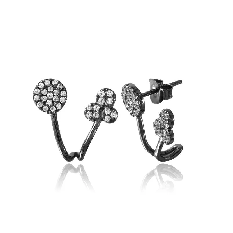 Diamond Stud Earrings-Black Rhodium Plated 925 Sterling Silver Circle and Three Leaf Clover Folded Earrings - BGE00546