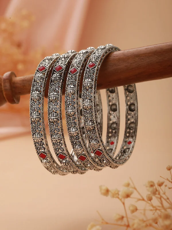 Crystal Bangles-Set Of 4 Silver-Plated Red Stone Studded Handcrafted Bangles