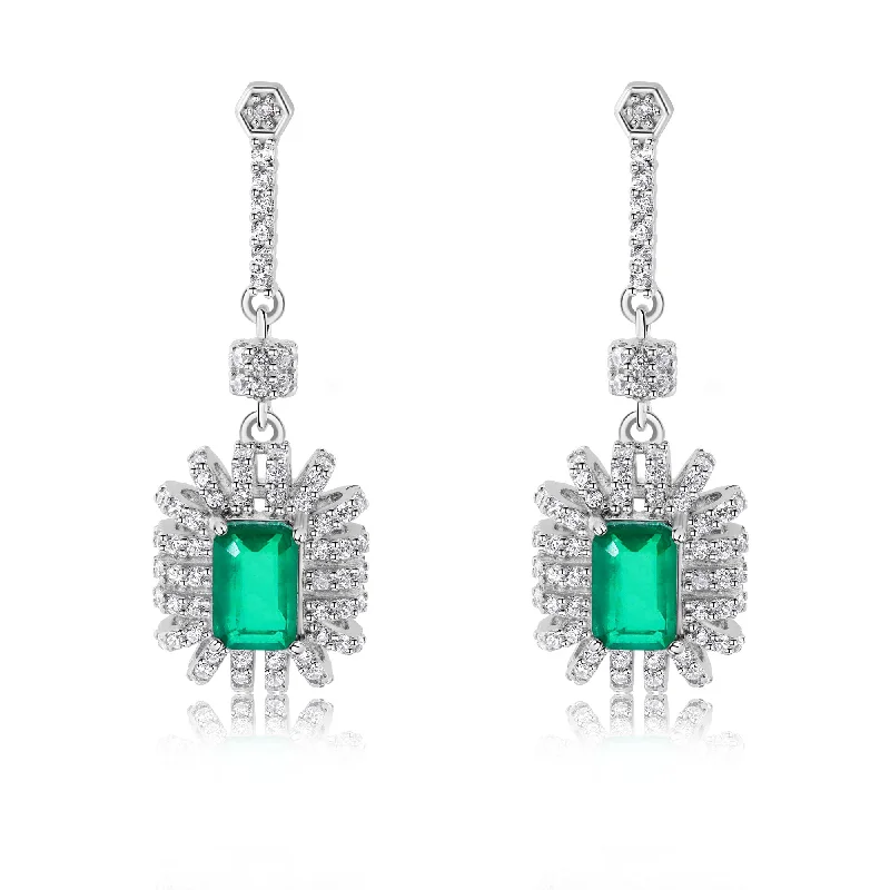 Unique Wedding Earrings-Rhodium Plated 925 Sterling Silver Dangling Green CZ Stud Earrings - BGE00745