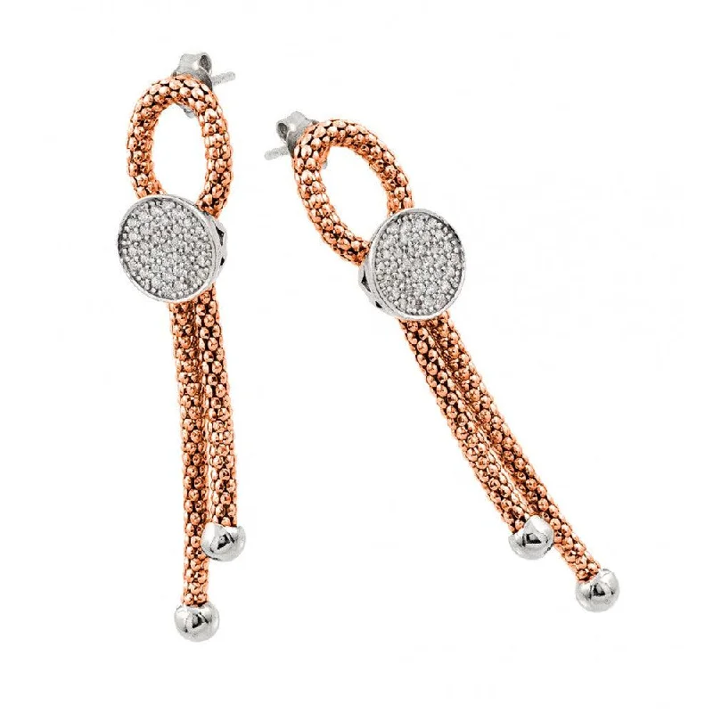 Lightweight Earrings for Women-Silver 925 Rhodium and Rose Gold Plated Dangling Ribbon Center Circle CZ Inlay Dangling Stud Earrings - ECE010RGP