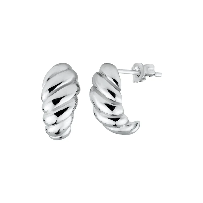 Lightweight Earrings for Women-Rhodium Plated 925 Sterling Silver Small Semi Hoop Braid Design Earring - STE01329