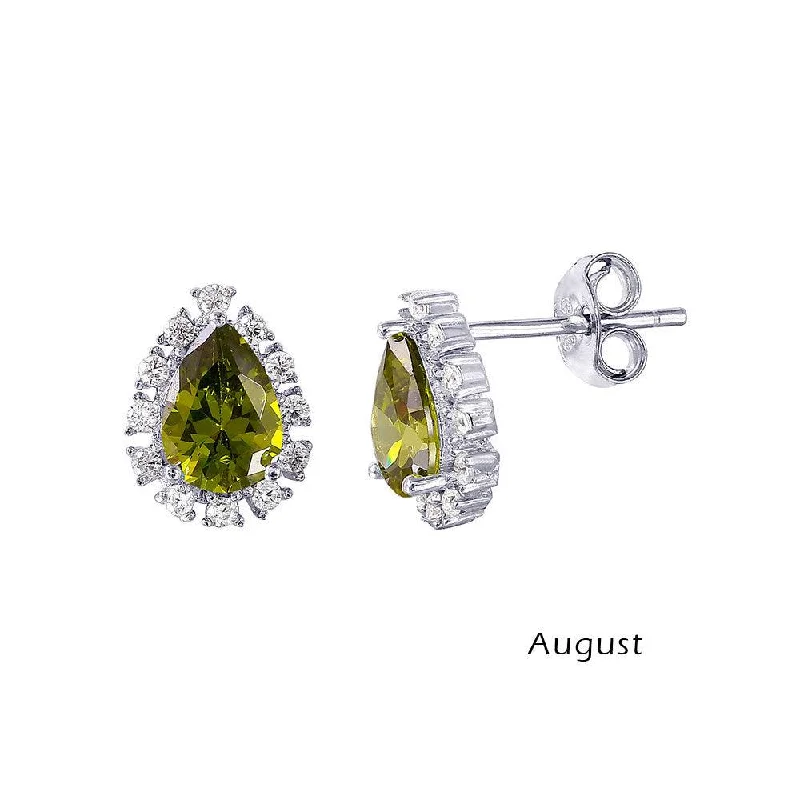 Gold Plated Earrings-Rhodium Plated 925 Sterling Silver Teardrop Halo CZ Birthstone Earrings August - STE01027-AUG