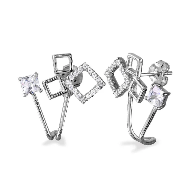 Simple Hoop Earrings-Rhodium Plated 925 Sterling Silver 3 Open Squares with Round CZ and Square CZ Folded Earrings - BGE00531