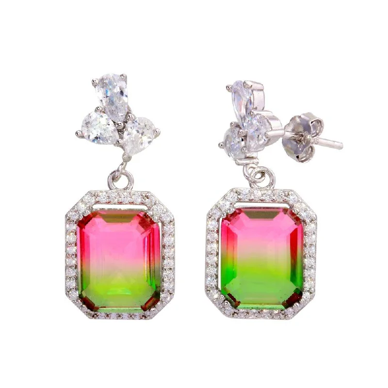 Crystal Drop Earrings-Rhodium Plated 925 Sterling Silver Green Pink Gradient CZ Dangling Earrings - STE01206