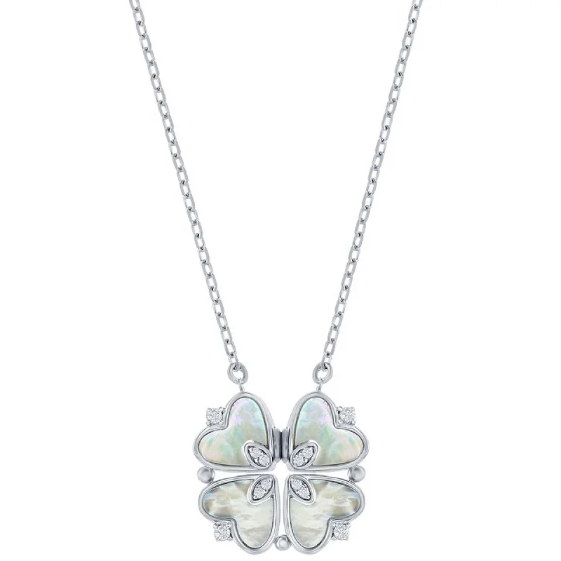 Colorful Necklace Pendants-Classic Women's Necklace - Sterling Silver MOP and CZ Heart Shaped Flower | M-7095