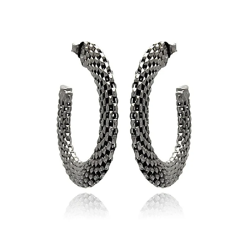 Lightweight Earrings for Women-Silver 925 Two Toned Rhodium Plated Crescent Box Link Italian Stud Earrings - ITE00019BLK