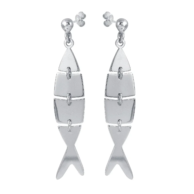 Unique Silver Earrings-Rhodium Plated 925 Sterling Silver Dangling Flexible Fish Earrings - SOE00027