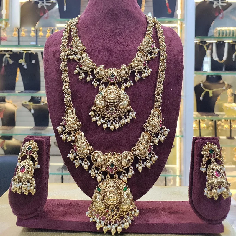 Stylish Necklaces for Brides-Manisha Jewellery Gold Plated Pota Stone And Pearls Temple Double Necklace Set