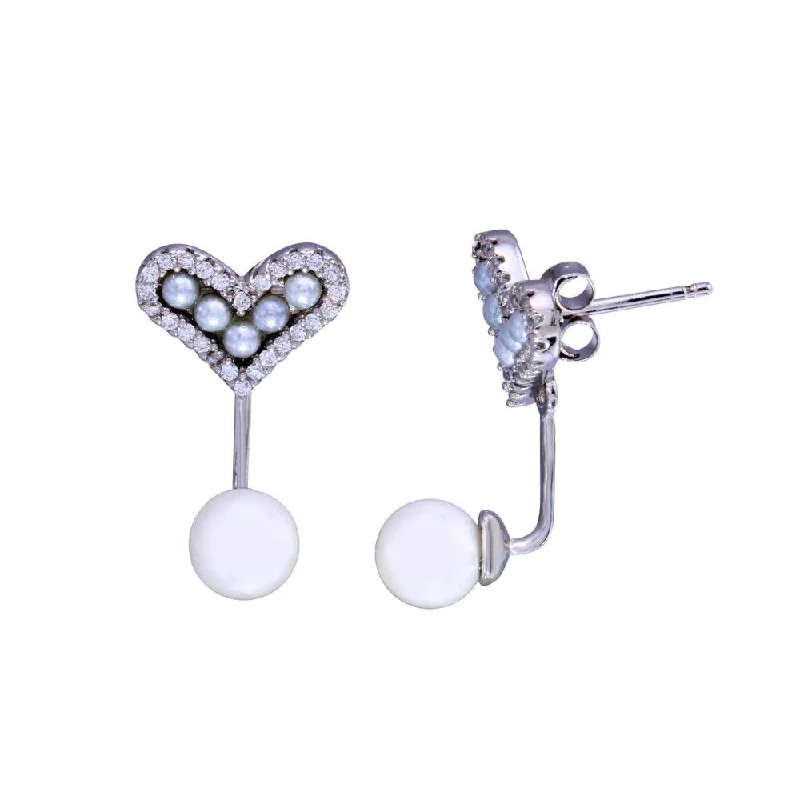 Long Drop Earrings-Rhodium Plated 925 Sterling Silver Heart Mother Of Pearl CZ Earring - BGE00691