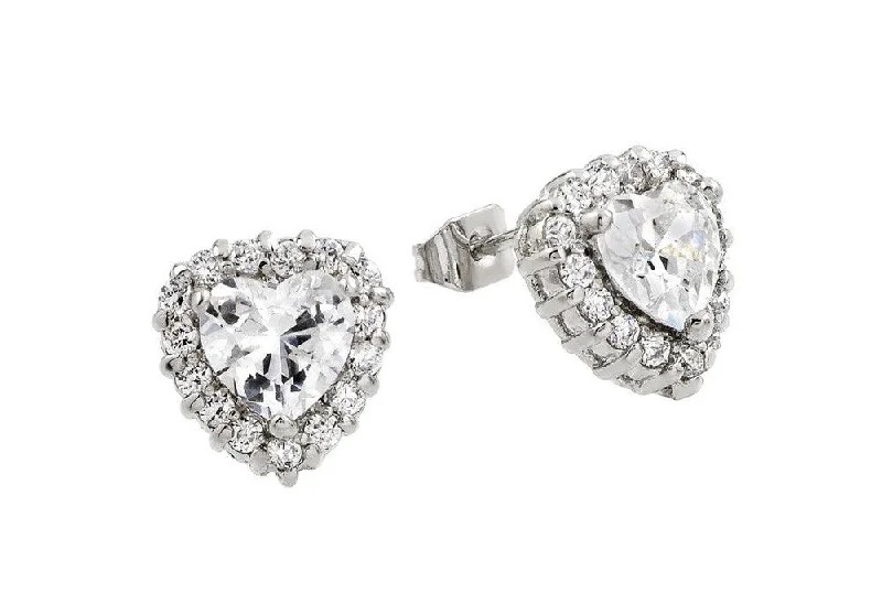 Unique Gemstone Earrings-Silver 925 Rhodium Plated Clear Heart CZ Stud Earrings - BGE00367C