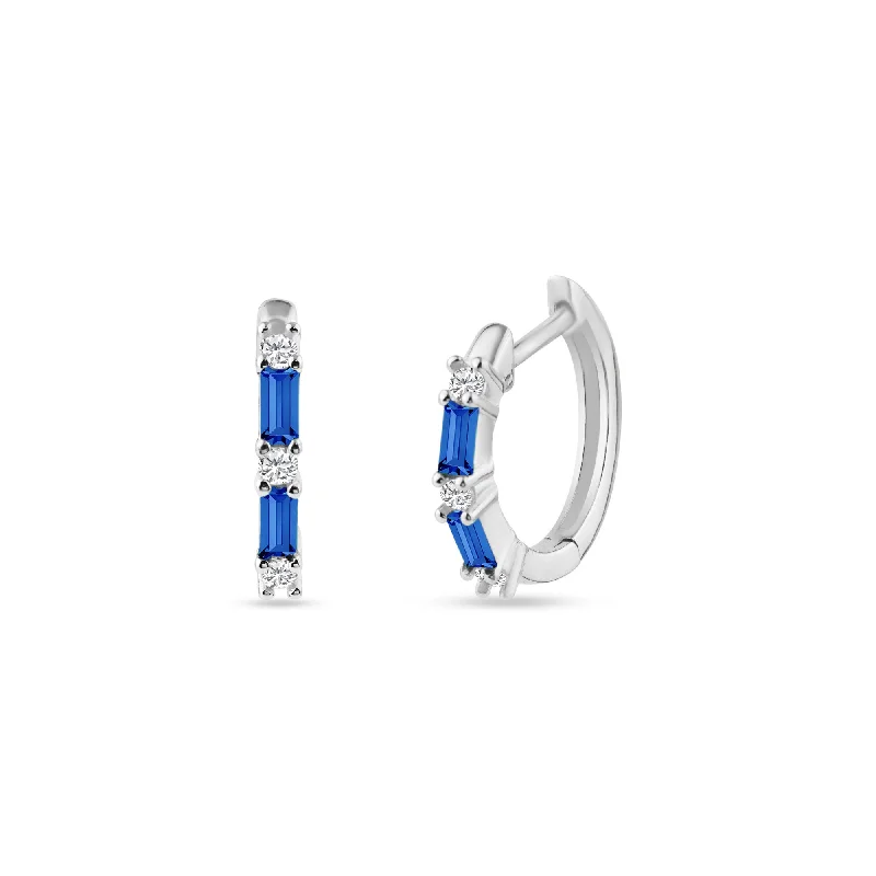 Fine Gold Earrings-Sterling Silver Rhodium Plated Blue CZ Huggie Hoop Earring 13.2mm - STE01331-BLUE