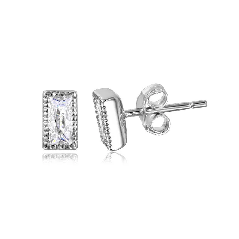 Luxury Wedding Earrings-Silver 925 Rectangle Clear CZ Stud Earrings - STE01041