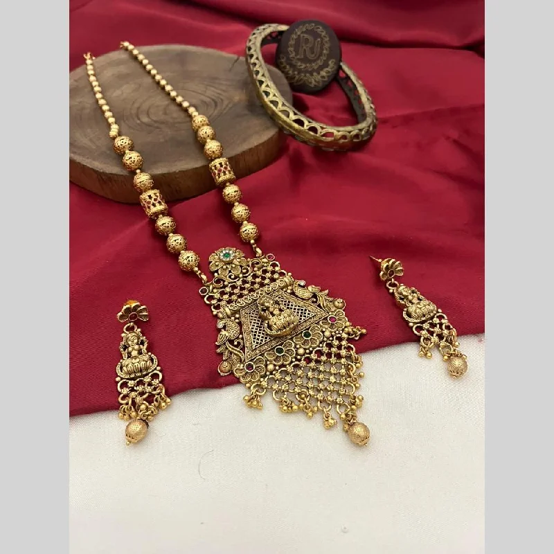 Unique Choker Necklaces-FS Collection Gold Plated Pota Stone And Pearls Temple Long Necklace Set