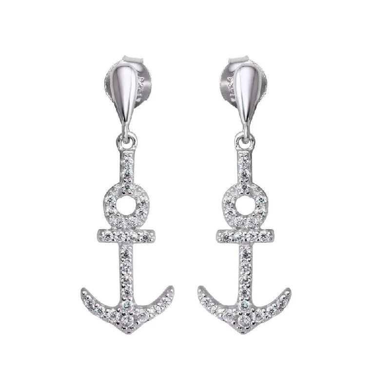 Everyday Earrings-Rhodium Plated 925 Sterling Silver Dangling Anchor Earrings with CZ - BGE00593